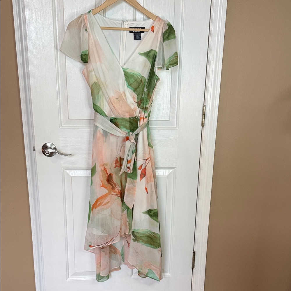 DKNY Peach & Green High-Low Floral Wrap Dress - Picture 3 of 5